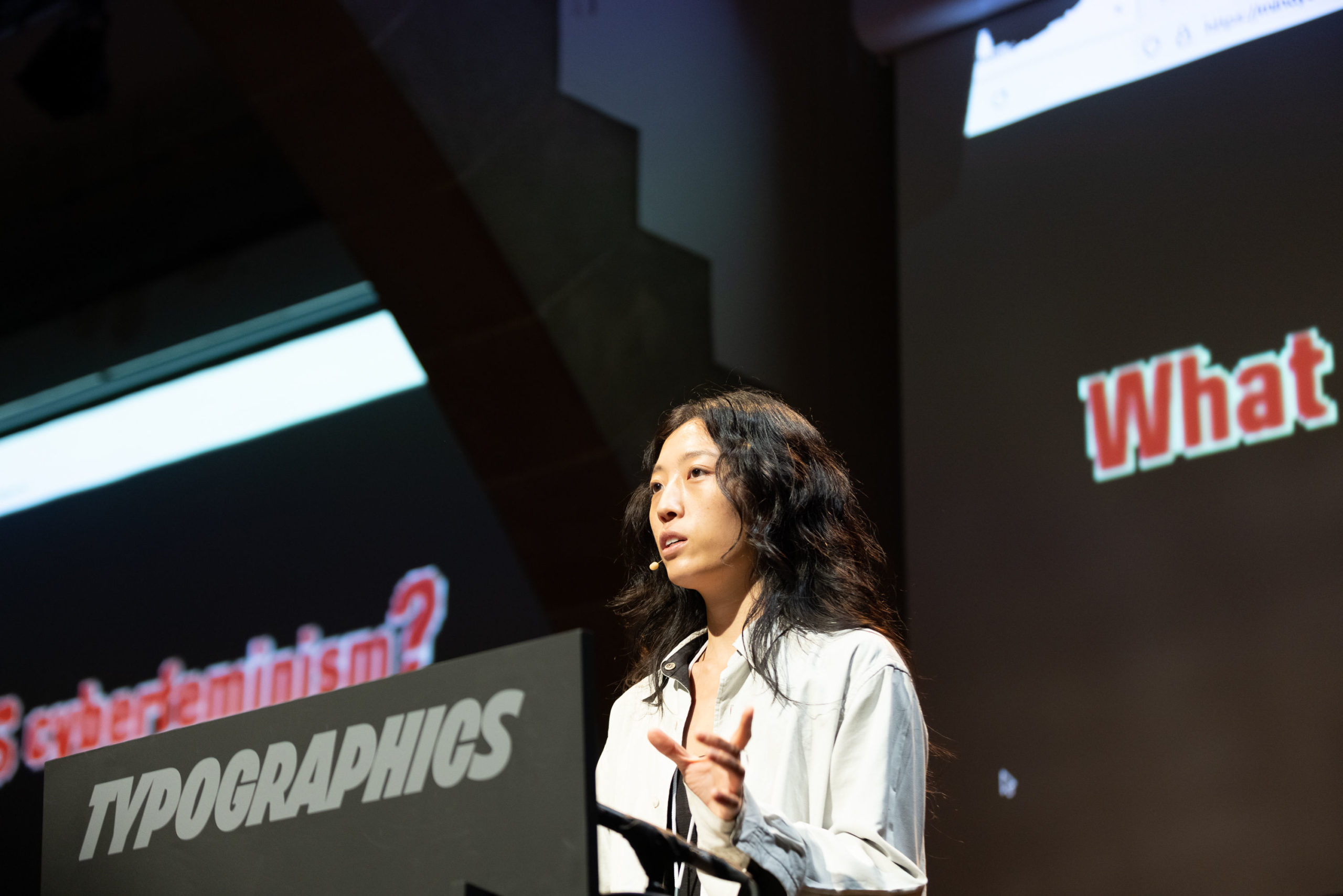 Mindy Seu takes the stage to speak at Typographics 2022 at The Cooper Union Photo by Marget Long